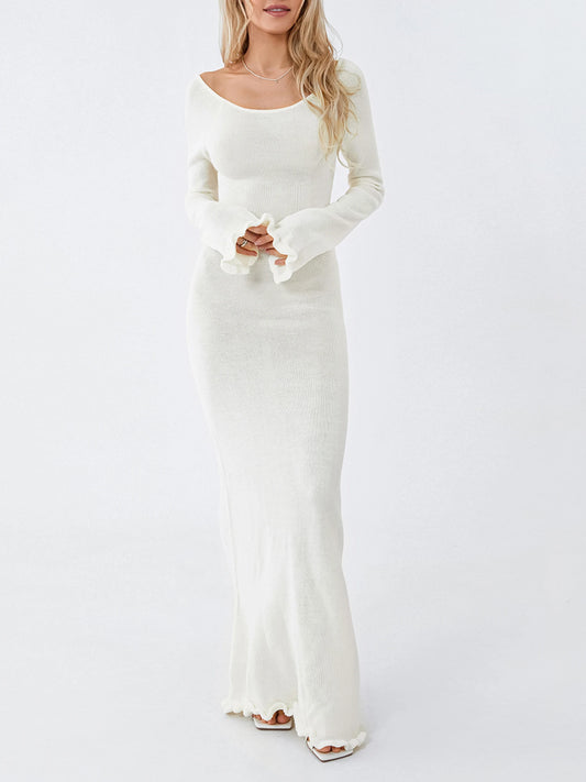 wsevypo Autumn Casual Knitted Long Dress Women's Edible Tree Fungus Long Sleeve Backless Bandage Wrap Dress Party Streetwear