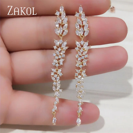 ZAKOL Trendy Cubic Zirconia Leaf Drop Earrings for Women Fashion Marquise Bridal Wedding Dress Jewelry